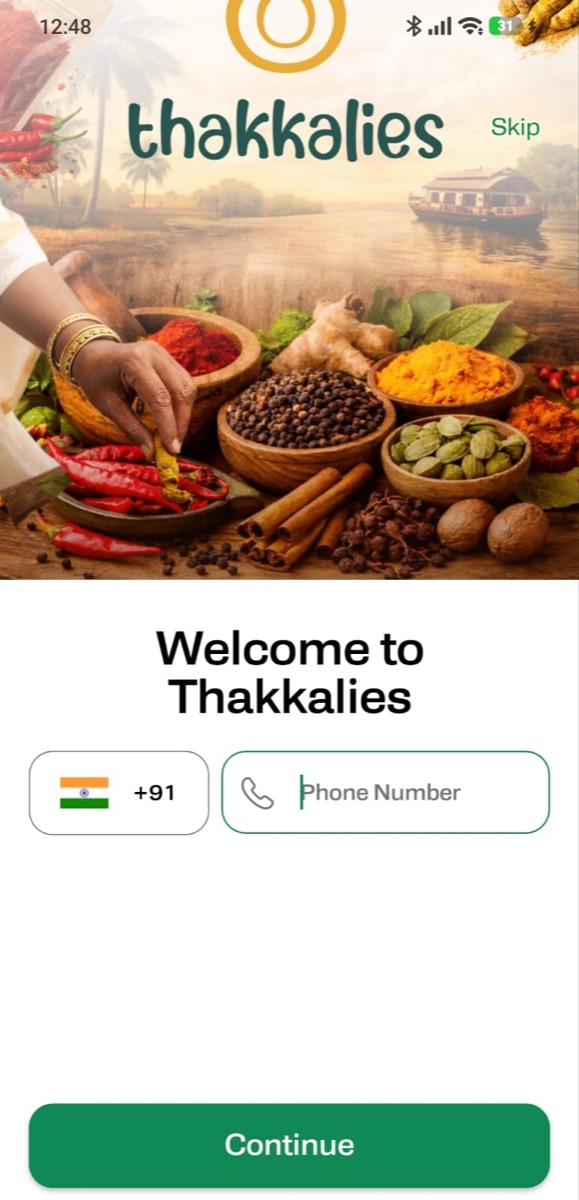 Customer welcome screen in the Thakkalies Customer App