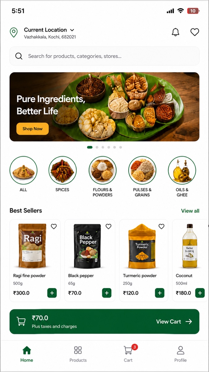 Kerala food discovery screen in the Thakkalies Customer App