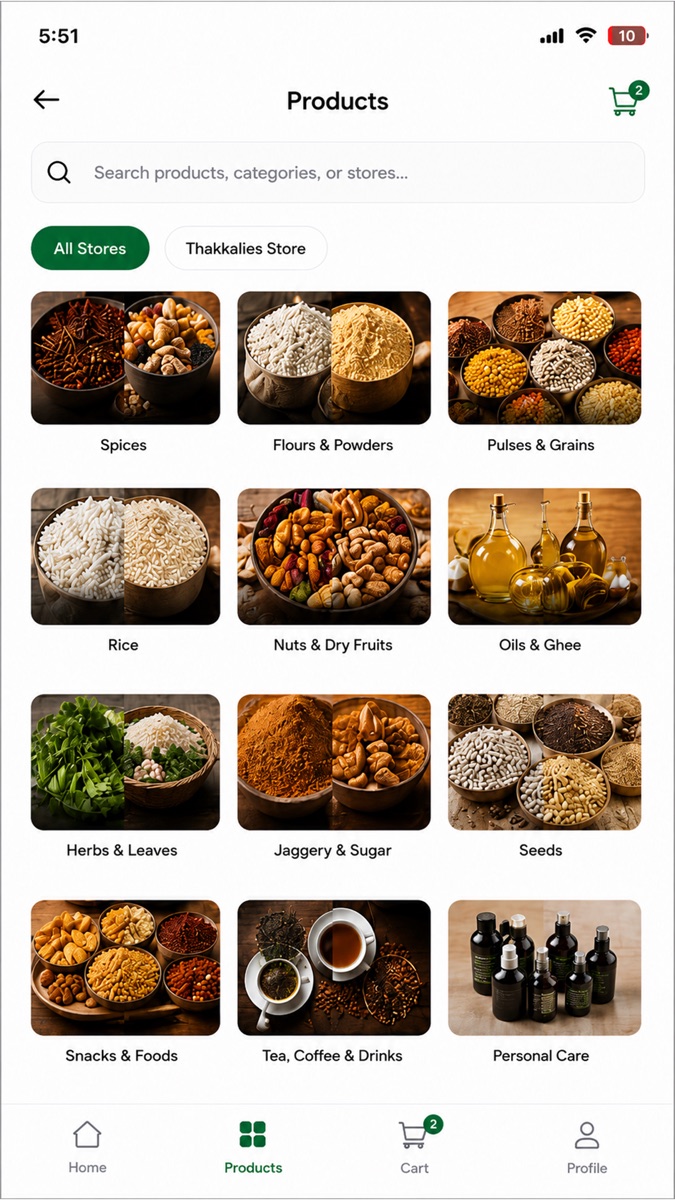 Food catalogue screen in the Thakkalies Customer App