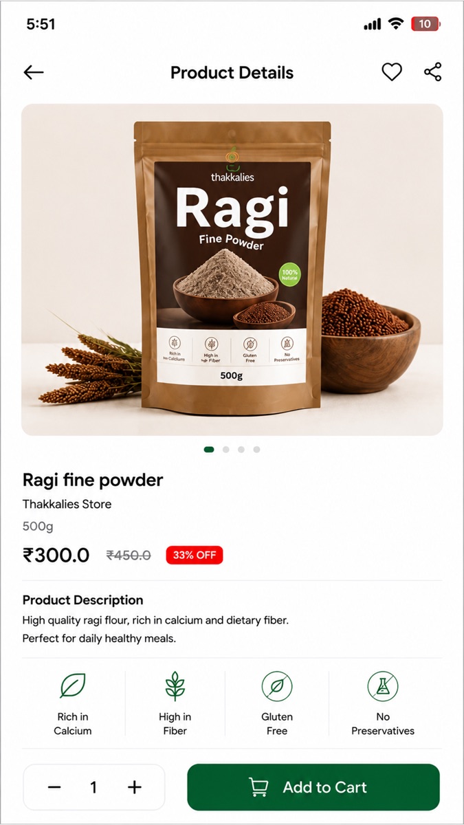 Product details screen in the Thakkalies Customer App