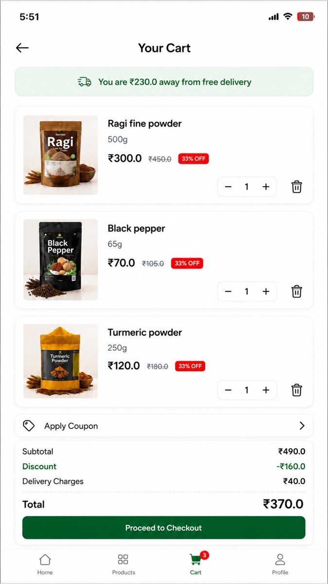 Cart & checkout screen in the Thakkalies Customer App
